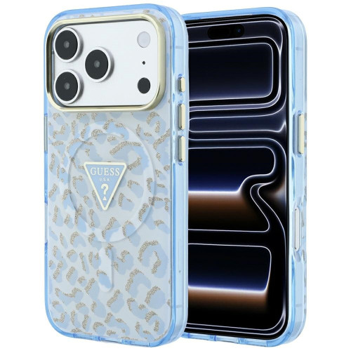 Etui Guess IML Leopard Glitter Triangle Logo MagSafe für iPhone 18 Pro / 17 Pro blau