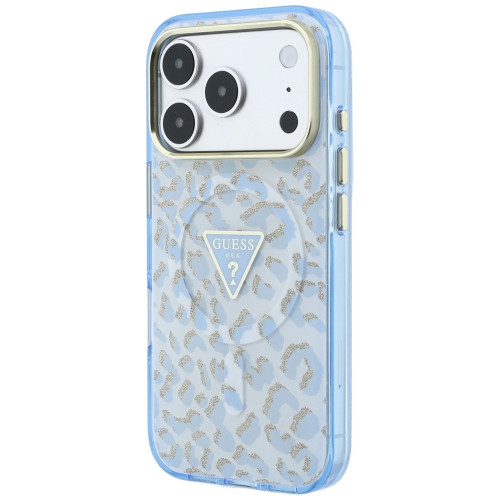 Etui Guess IML Leopard Glitter Triangle Logo MagSafe für iPhone 18 Pro / 17 Pro blau