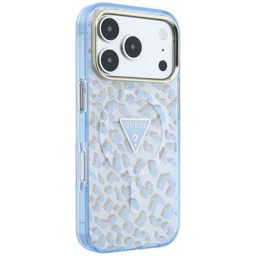 Etui Guess IML Leopard Glitter Triangle Logo MagSafe für iPhone 18 Pro / 17 Pro blau