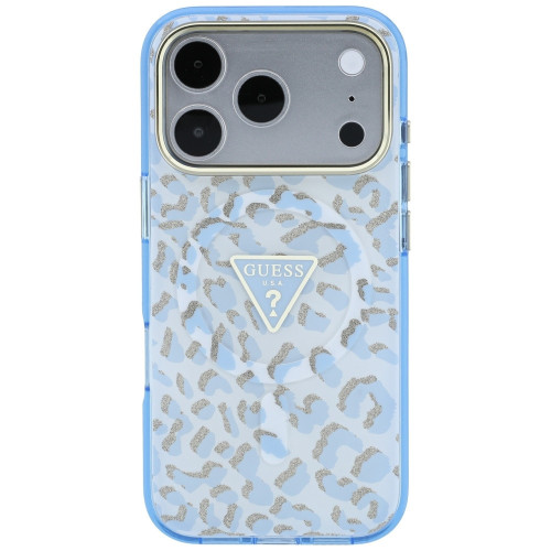 Etui Guess IML Leopard Glitter Triangle Logo MagSafe für iPhone 18 Pro Max / 17 Pro Max blau