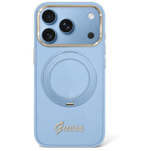 Etui Guess IML Ring Stand 360 Script Metal Logo MagSafe für iPhone 18 Pro / 17 Pro hellblau