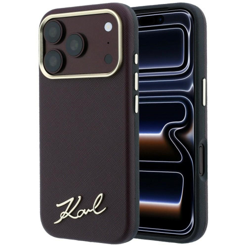 Etui Karl Lagerfeld Saffiano Small Script Metal Logo MagSafe do iPhone 18 Pro / 17 Pro burgundowy