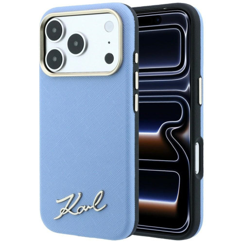 Karl Lagerfeld Saffiano Small Script Metal Logo MagSafe Case for iPhone 18 Pro Max / 17 Pro Max light blue