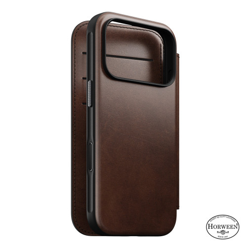 NOMAD Modern Leather Folio - etui do iPhone 18 Pro / 17 Pro kompatybilne z MagSafe, skóra Horween (rustic brown)
