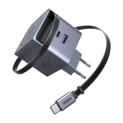 Ładowarka sieciowa GaN Ugreen X614, USB-C + USB, 45W, ze zwijanym kablem (szara)