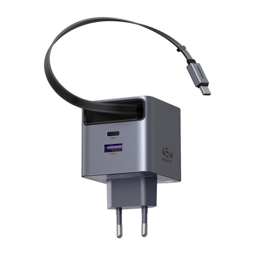 Ładowarka sieciowa GaN Ugreen X614, USB-C + USB, 45W, ze zwijanym kablem (szara), nézet 2