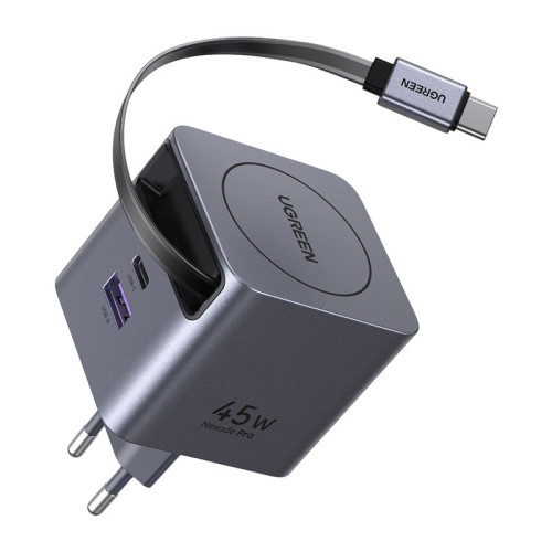 Ładowarka sieciowa GaN Ugreen X614, USB-C + USB, 45W, ze zwijanym kablem (szara), nézet 3