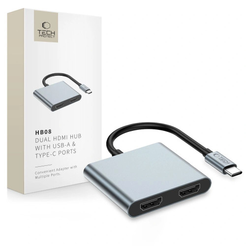 [CR] Adapter Tech-Protect HB08 HUB 4in1 USB-C, USB-A 2.0, 2xHDMI 4K 60Hz Space Grey