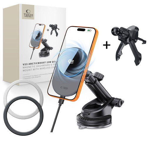 Tech-protect V23 Arcticboost Magnetic Magsafe Dashboard & Vent Car Mount Wireless Charger 25w Qi2.2 Black